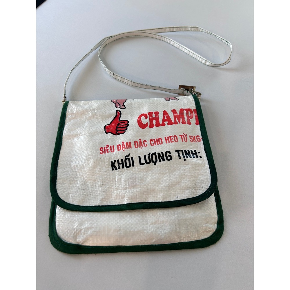 Handmade Recycled Rice Sack Crossbody Bag Unisex Medium White Green Graphic